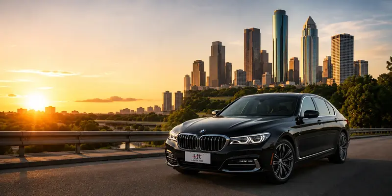 Luxury BMW 7 Series with the official Lavish Ride logo overlooking the Houston skyline at sunset before a long-distance journey.